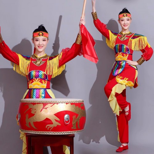 Women Chinese folk dragon lion drummer dance costumes gong drum performance uniforms Chinese feng shui waist drumming dancing clothes set